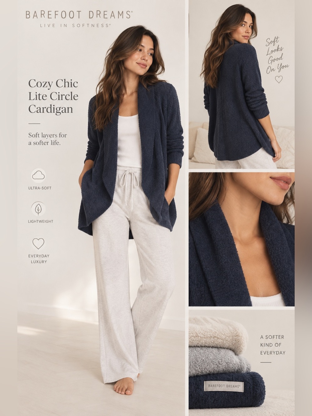 NEW Barefoot Dreams Cozy Chic Lite Circle Cardigan Navy Blue